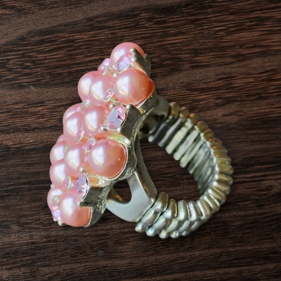 90s Vintage  Pink Faux Pearl & Rheinstone Adjustable Ring - Picture 4 of 8